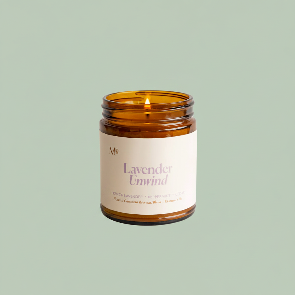 Misiyo Lavender Unwind candle in amber glass jar with white lid — natural soy candle — Sensory for Calm