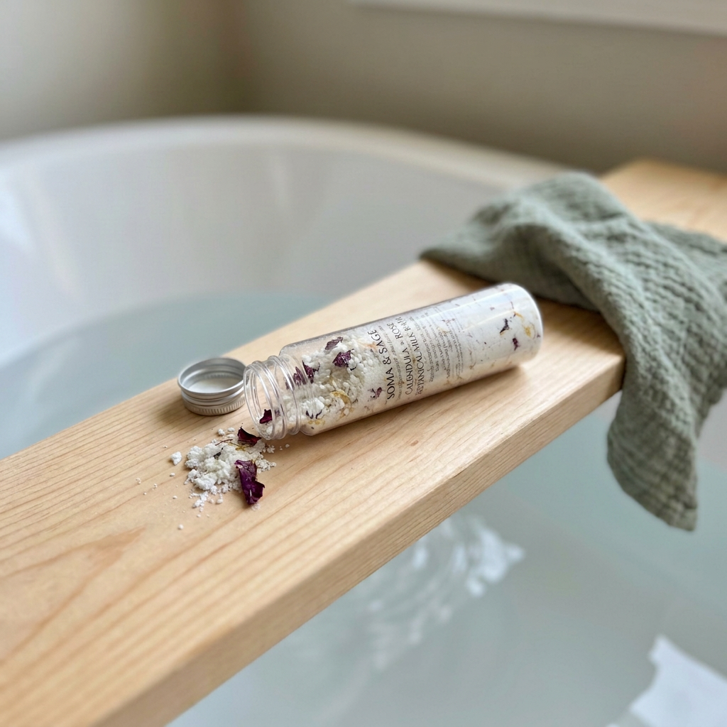 Open Soma & Sage milk bath bottle on a wooden bath caddy, with scattered flakes, dried petals, a silver cap, a sage washcloth.