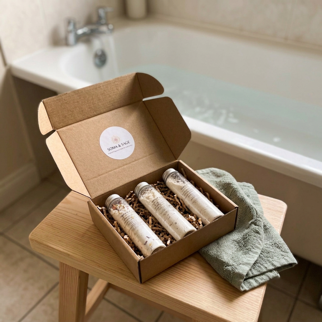 Soma & Sage milk bath gift set on a wooden stool beside a bathtub, with a sage towel beneath the open kraft box.