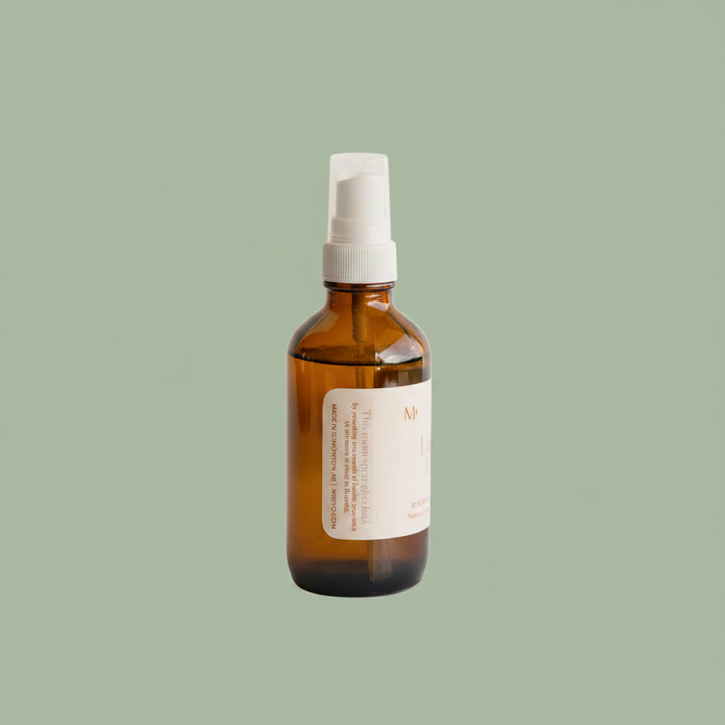 Misiyo Lavender Unwind room and linen spray — back of bottle upright on sage background — Canadian natural home fragrance — Sensory for Calm