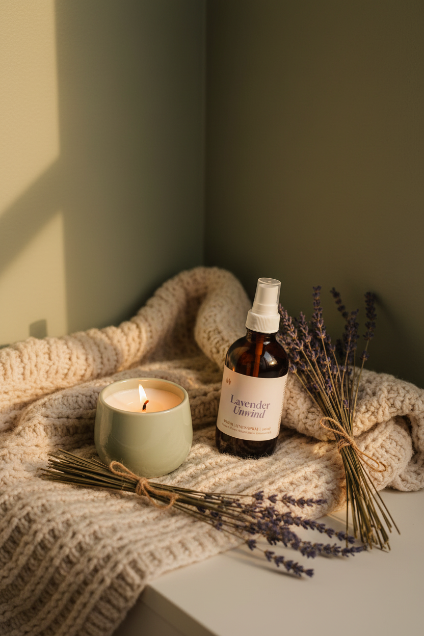 Lavender Unwind amber glass room spray resting on a side table beside a lit candle and dried lavender stems in a cozy, softly lit corner — Sensory for Calm