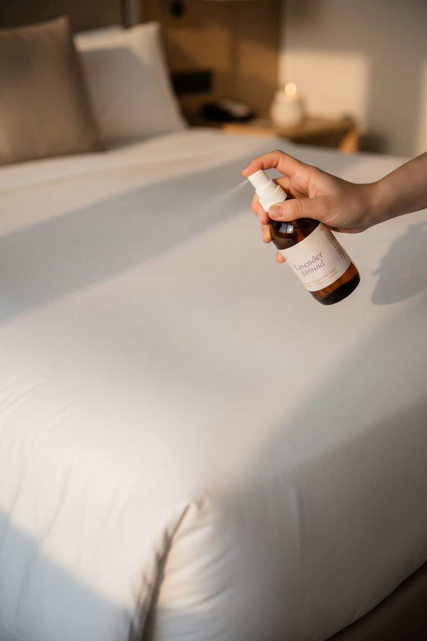 Hand spritzing Lavender Unwind amber glass room and linen spray over crisp white linen sheets on a softly lit — Sensory for Calm bed
