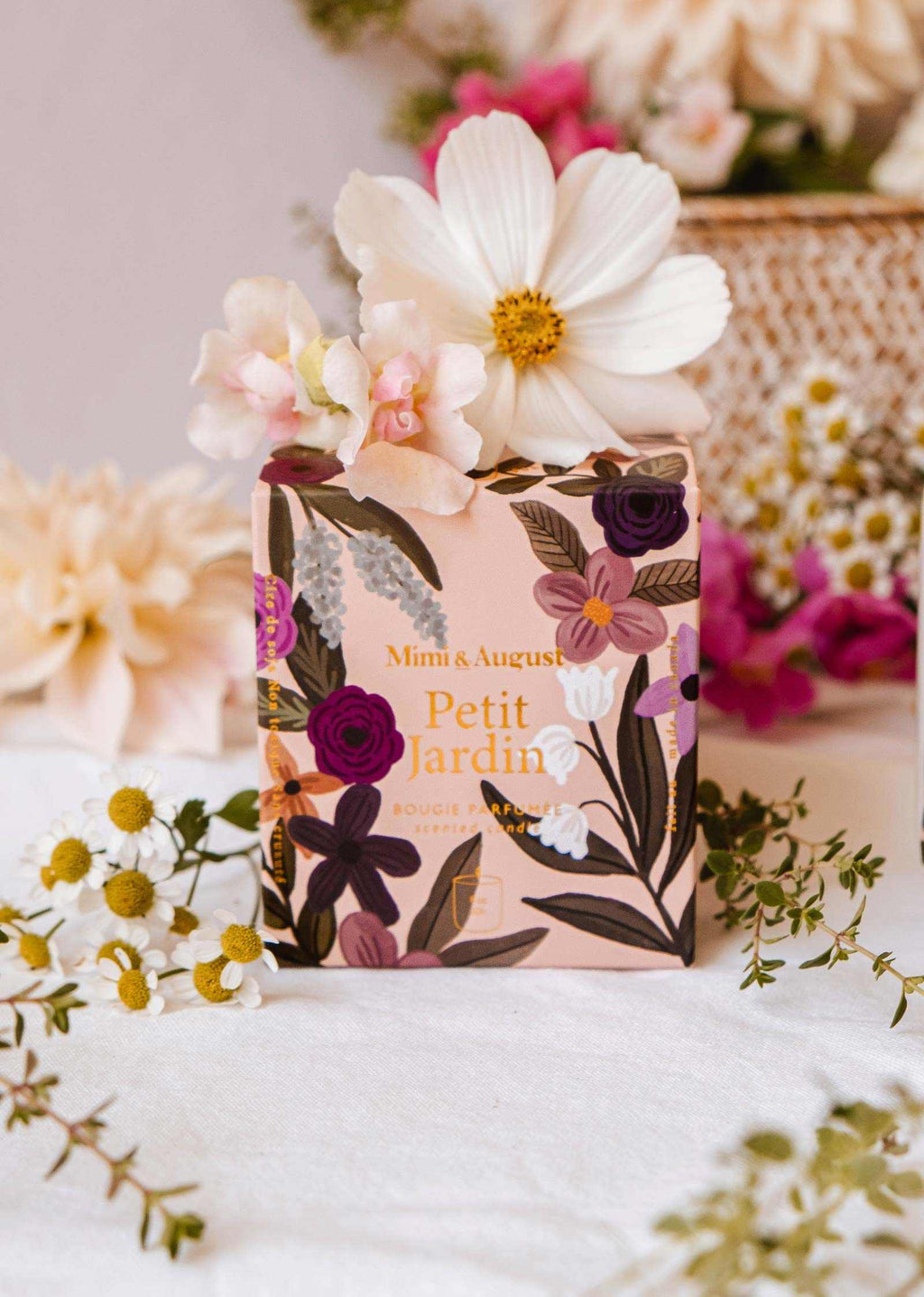 Petit Jardin reusable candle with pink and white florals flat lay — botanical home fragrance — Sensory for Calm