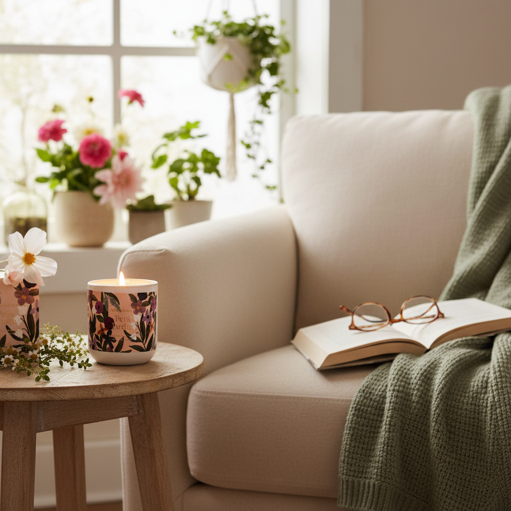 Petit Jardin reusable candle on side table beside cozy armchair with plants — calm home ritual — Sensory for Calm