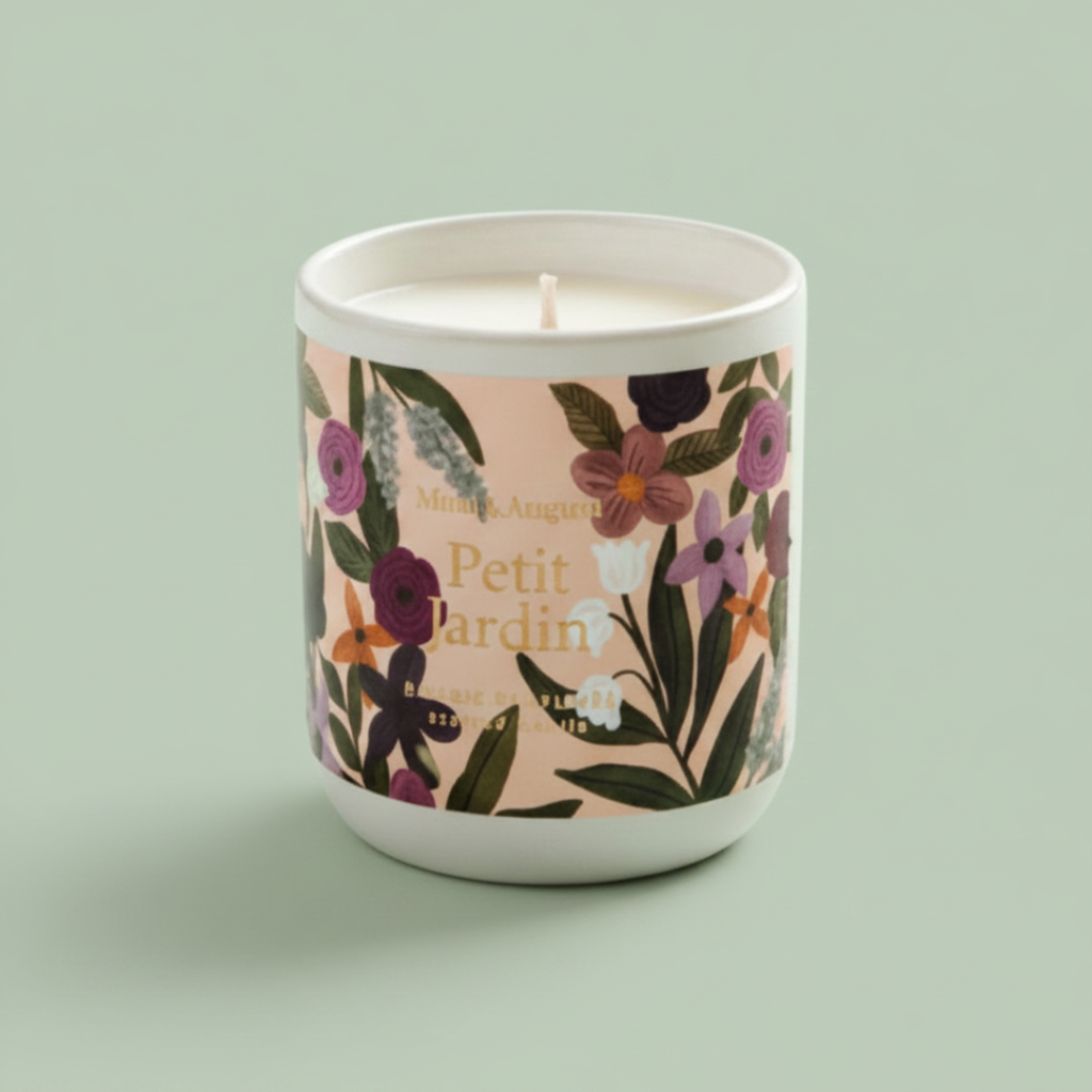 Petit Jardin reusable candle white ceramic jar with botanical floral design — Sensory for Calm