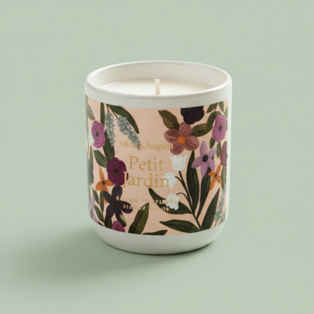 Petit Jardin reusable candle white ceramic jar with botanical floral design — Sensory for Calm