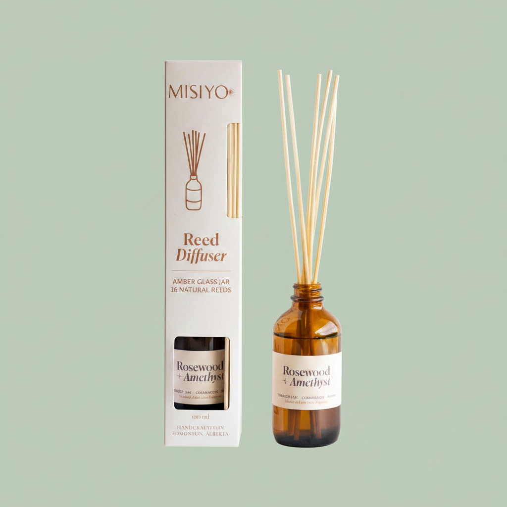 Misiyo Rosewood and Amethyst reed diffuser and box on sage — natural room diffuser — Sensory for Calm