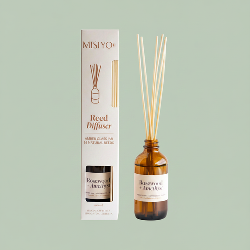 Misiyo Rosewood and Amethyst reed diffuser and box on sage — natural room diffuser — Sensory for Calm
