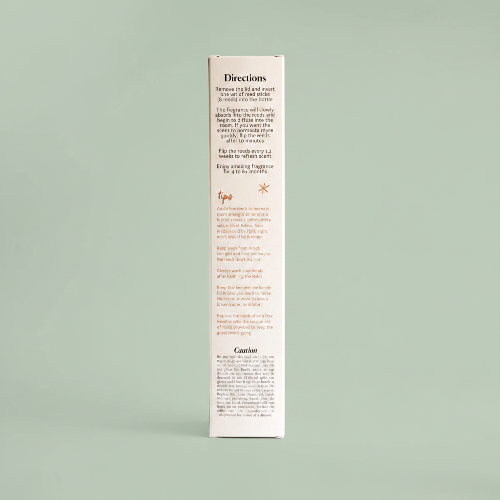 Misiyo Rosewood and Amethyst reed diffuser back of box standing upright on sage — Canadian natural home fragrance — Sensory for Calm