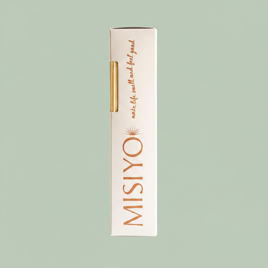 Misiyo Rosewood and Amethyst reed diffuser front of box standing upright on sage — Canadian natural home fragrance — Sensory for Calm
