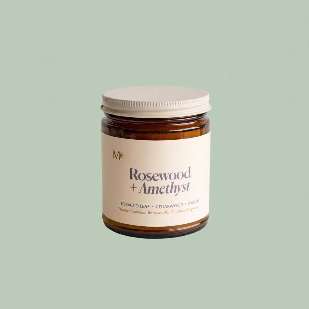 Misiyo Rosewood and Amethyst candle label close-up — tobacco leaf cedarwood amber scented candle — Sensory for Calm