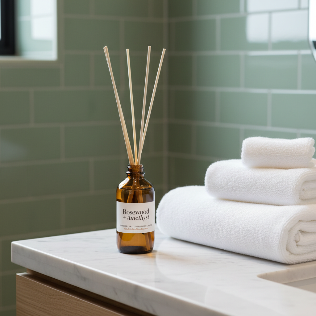 Misiyo Rosewood and Amethyst reed diffuser on bathroom shelf beside folded white towels — home fragrance — Sensory for Calm