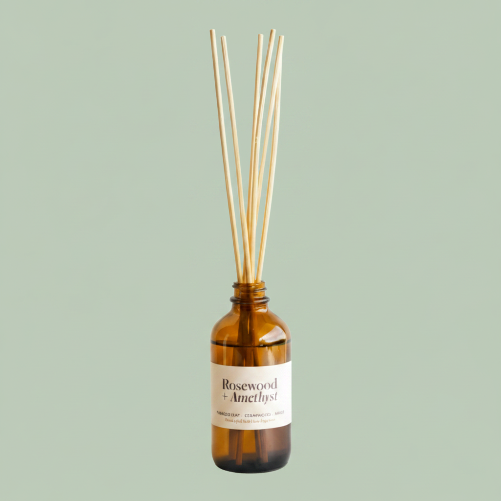 Misiyo Rosewood and Amethyst reed diffuser in amber glass bottle with rattan reeds — natural home fragrance — Sensory for Calm