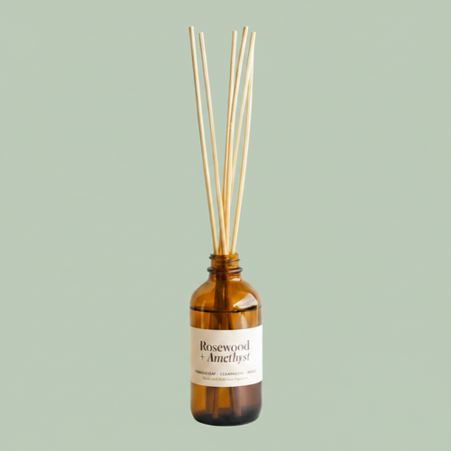 Misiyo Rosewood and Amethyst reed diffuser in amber glass bottle with rattan reeds — natural home fragrance — Sensory for Calm