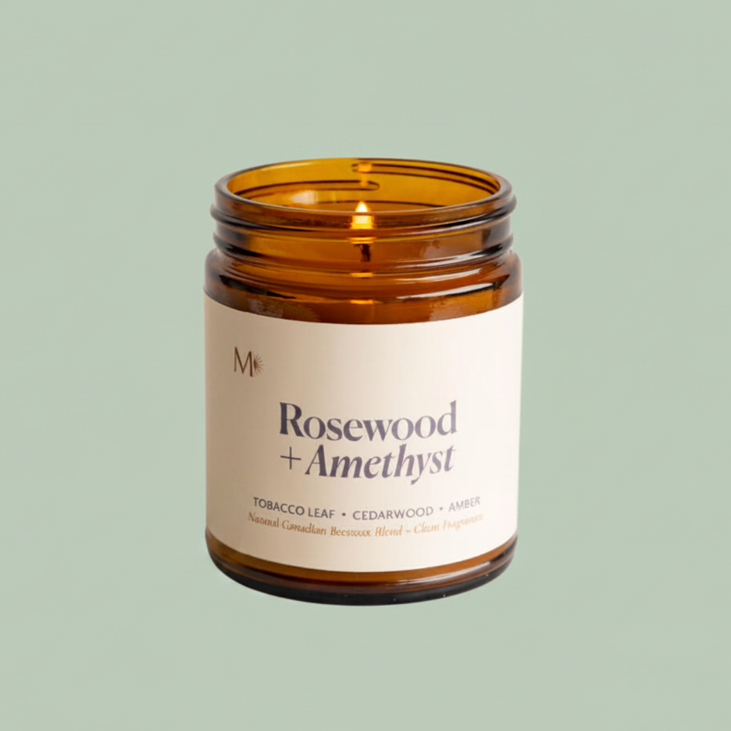 Misiyo Rosewood and Amethyst candle in amber glass jar with cream label — natural soy candle — Sensory for Calm