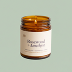 Misiyo Rosewood and Amethyst candle in amber glass jar with cream label — natural soy candle — Sensory for Calm