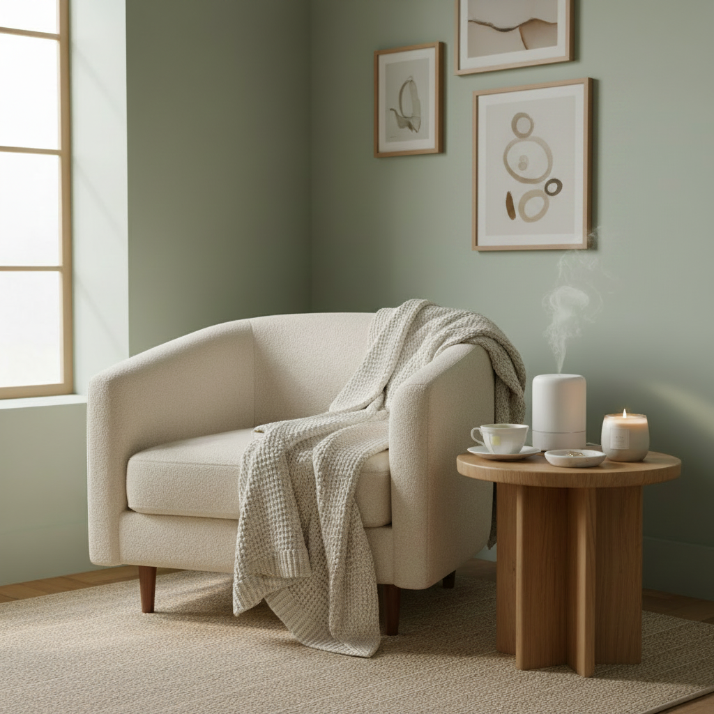 Calm spa-like room with aromatherapy diffuser, candles and macramé plants — Shop All