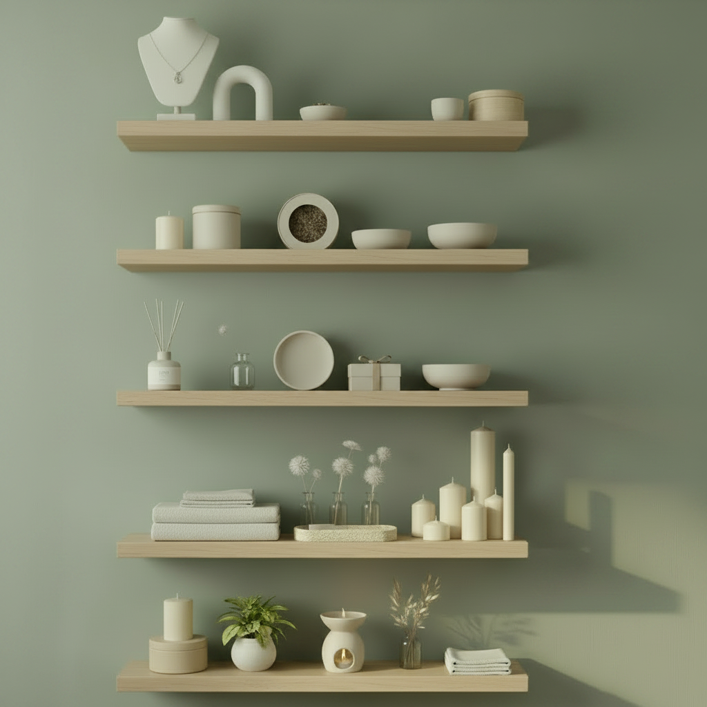 Floating shelves styled with sensory wellness products including jewellery, aromatherapy and gifts — Shop by Category