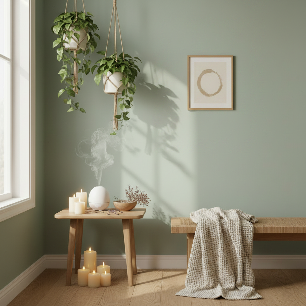 Calm spa-like room with aromatherapy diffuser, candles and macramé plants — Shop by Sense