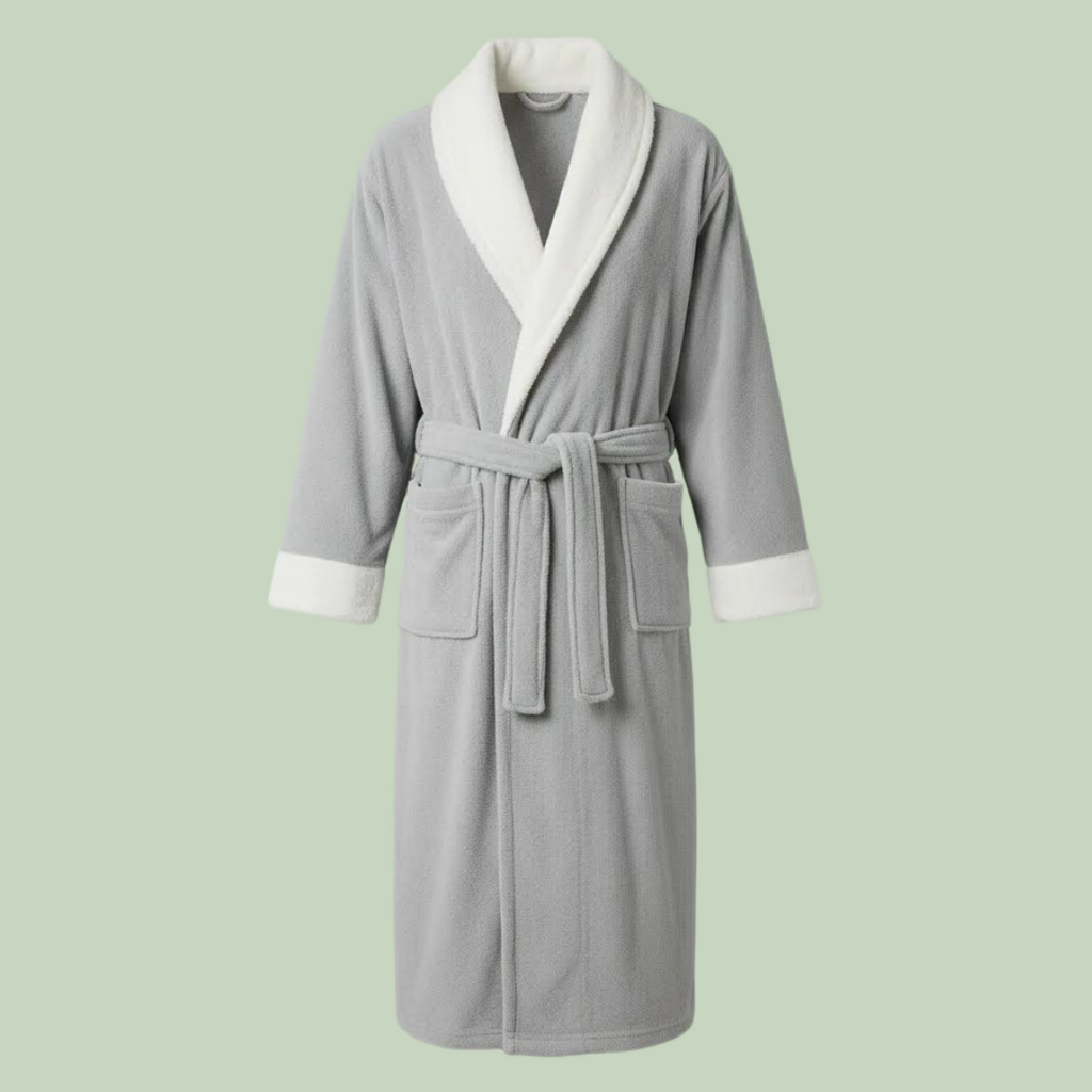 Skylark+Owl Essential Plush Bathrobe in light grey, front view with white shawl collar, white cuffs, waist belt, two pockets — Sensory for Calm