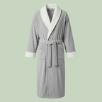 Skylark+Owl Essential Plush Bathrobe in light grey, front view with white shawl collar, white cuffs, waist belt, two pockets — Sensory for Calm