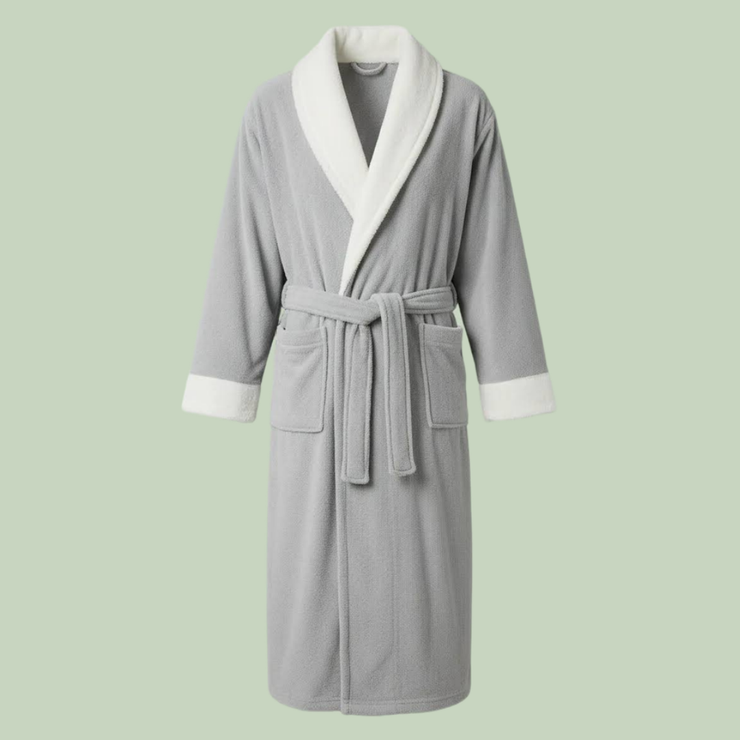 Skylark+Owl Essential Plush Bathrobe in light grey, front view with white shawl collar, white cuffs, waist belt, two pockets — Sensory for Calm