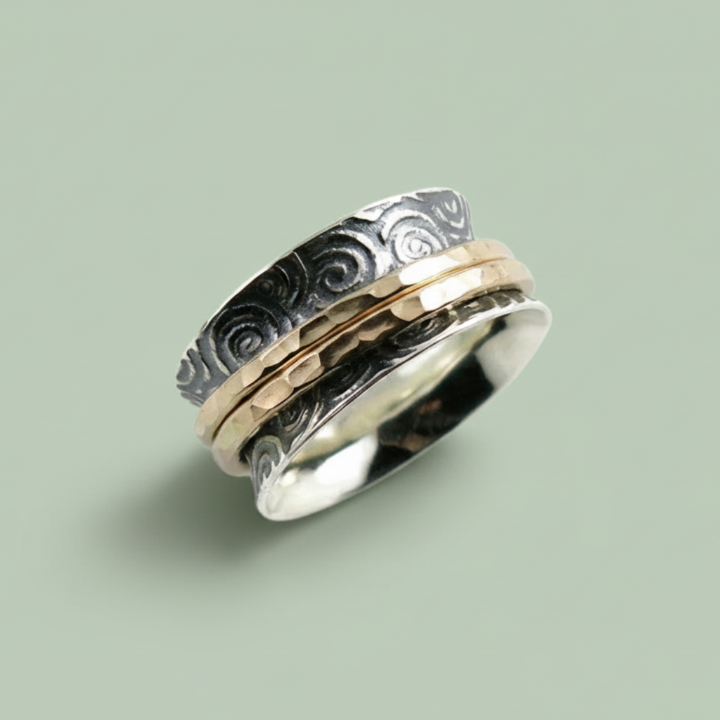 Spiral Print Meditation Ring sterling silver with gold spinner band — anxiety relief fidget ring — Sensory for Calm