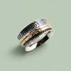 Spiral Print Meditation Ring sterling silver with gold spinner band — anxiety relief fidget ring — Sensory for Calm