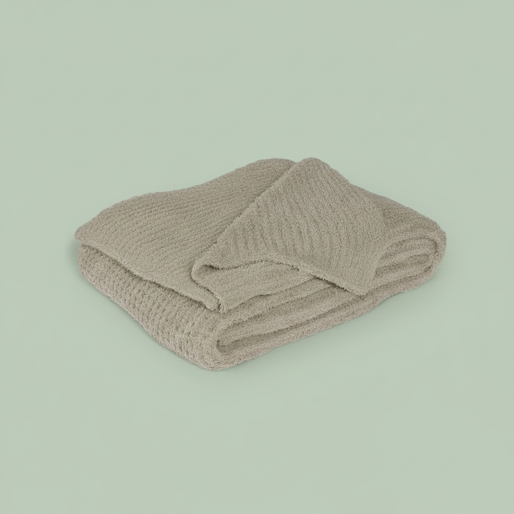 Greige waffle knit extended throw blanket folded — soft oversized cozy blanket — Sensory for Calm