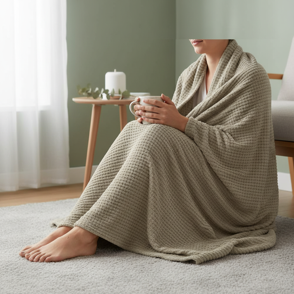 Waffle Knit Throw - person wrapped up